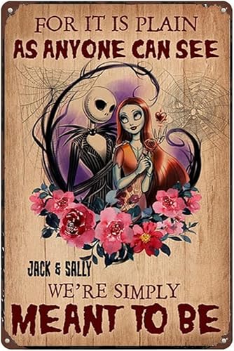 Halloween Weihnachtsdekorationen Metall Blechschild Jack and Sally We're Simply Meant To Be Blumendruck Retro Metallschilder für Garage Familie Bar Cafe Zimmer Badezimmer Kunst Wanddekoration Poster von Ensound