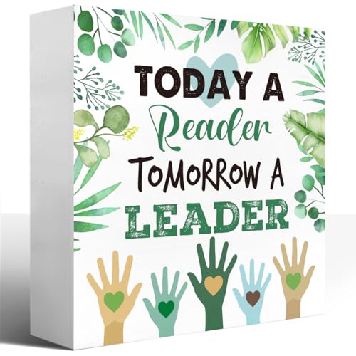 Lesezimmer-Schreibtisch-Dekoration, "Today a Reader Tomorrow a Leader" Holz-Schild, Leseeckenschild, Leseschilder für Klassenzimmer, Kinderzimmer, Bibliothek, Pflanzenlese-Dekor, Holzblockschild, 12,7 von Ensound