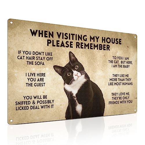Lustiges Smoking Cat Rules Metallschild 30 x 20 cm – When Visiting My House Please Remember – Black Cat Apartment Decor for Cat Lover, Retro Room Decor Caution Sign von Ensound