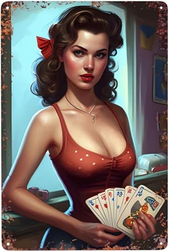 Poker Pin Up Girl Blechschild Vintage Metall Blechschild Retro Garage Schild Schild für Zuhause Küche Büro Kaffee Bar Pub Man Cave Wanddekor Schilder 20,3 x 30,5 cm von Ensound