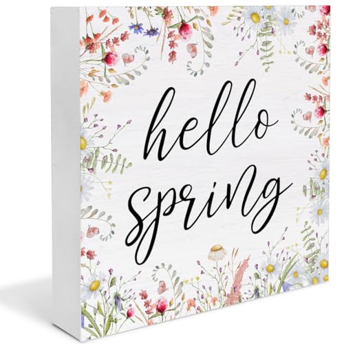 Spring Decor Holzschild mit Aufschrift "Hello Spring", rustikale Heimdekoration, 12,7 x 12,7 cm von Ensound