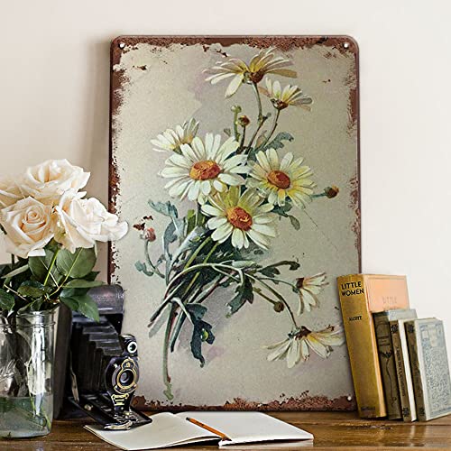 Vintage Decor Daisy Decor Blechschilder Retro Wanddekoration - Altmodische Blumen Weiße Gänseblümchen mit Tautropfen Metallschild - 30 x 20 cm Vintage Küche Dekor Gänseblümchen Wanddekoration von Ensound