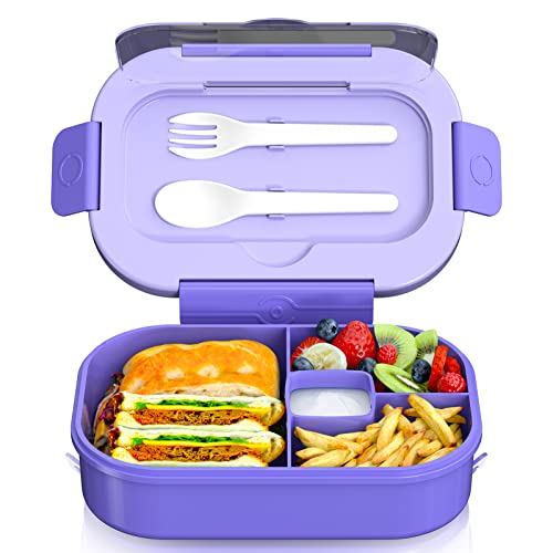 Bento-Box für Kinder, 1300 ml, 4 Fächer, Bento-Box für Erwachsene mit Besteck, Lunchbox-Behälter für Kinder/Erwachsene/Kleinkinder, mikrowellen-/spülmaschinen-/kühlschrankgeeignet, BPA-frei (lila) von Enstphjoy