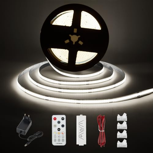 Enteenly COB LED Strip Weiß 3 Meter, Unterbauleuchte Lichtleiste Küche Unter Kabinett LED Licht Kit mit RF Fernbedienung für Vitrine, Küche, Schreibtisch, Regal, Schrank, mit 24V EU Adapter, 6500K von Enteenly