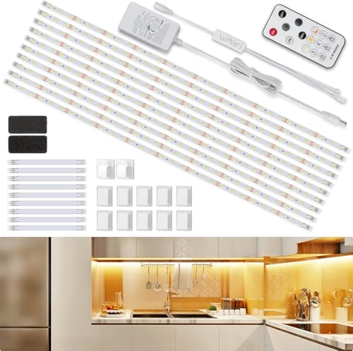 Enteenly LED Unterbauleuchte Schrankleuchte, 5m Warmweiß LED Streifen,Schrank Licht, Lichtleiste mit RF Fernbedienung, 10X50cm LED Strip Dimmbar, für Regale,Vitrinen,Küchenlicht, 24V EU Adapter, 2700K von Enteenly