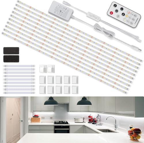 Enteenly LED Unterbauleuchte Schrankleuchte, 5m Weiß LED Streifen,Schrank Licht, Lichtleiste mit RF Fernbedienung, 10X50cm LED Strip Dimmbar, für Regale,Vitrinen,Küchenlicht, 12V EU Adapter, 6500K von Enteenly