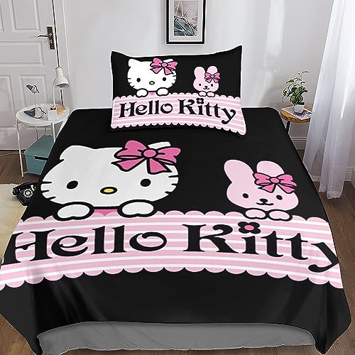 Entemah Hello Kitty Kinder Kids Betten Set 3D Print Bettwäsche Set Weiche Atmungsaktive Microfaser Cartoon Cat Bettbezug 2-teilig Mit Reißverschluss Und Kissenbezug Single（135x200cm） von Entemah