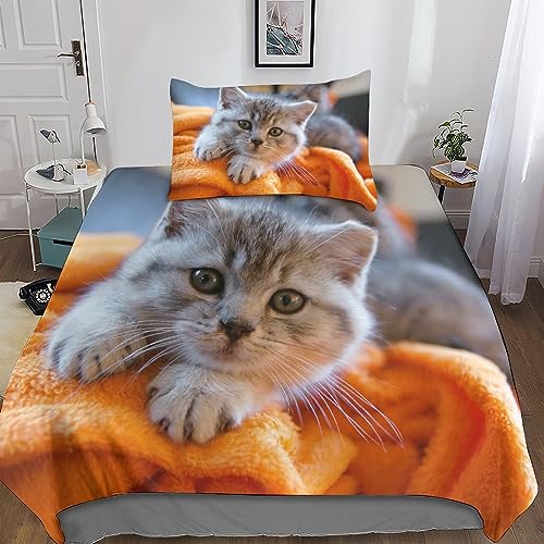 Entemah Niedliche Katze Bettwäsche Set Bettbezug Tier 3D Druck, Trösterbezug 2 Teilig Mikrofaser Mit Reißverschluss Und Kissenbezug Für Erwachsene Teenager Bedruckter Single（135x200cm） von Entemah