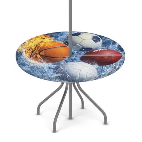 Entemne Outdoor-Tischdecke mit Schirmloch, Feuer-Wasser-Sportball, runde Tischdecke mit elastischem Rand, 91,4–111,8 cm, wasserdicht, mit Reißverschluss, Terrassentischabdeckung für Picknick von Entemne