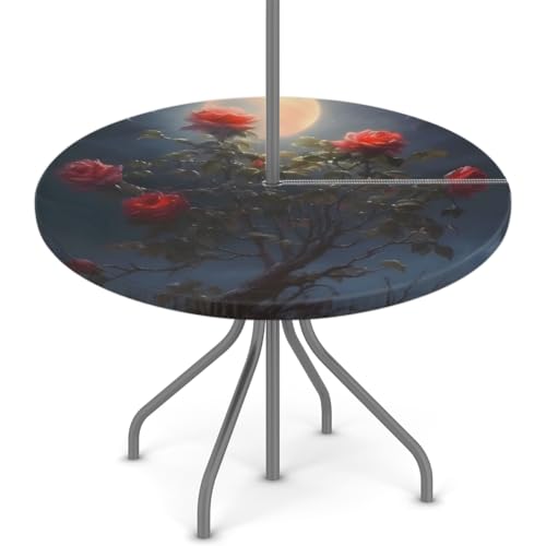 Entemne Outdoor-Tischdecke mit Schirmloch, Mondrose, Blumenbaum, runde Tischdecke mit elastischem Rand, 91,4–111,8 cm, wasserdicht, mit Reißverschluss, Terrassentischabdeckung für Picknick von Entemne