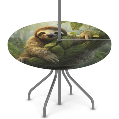Entemne Outdoor-Tischdecke mit Schirmloch, Waldtier-Faultiere, runde Tischdecke mit elastischem Rand, 91,4–111,8 cm, wasserdicht, mit Reißverschluss, Terrassentischabdeckung für Picknick von Entemne