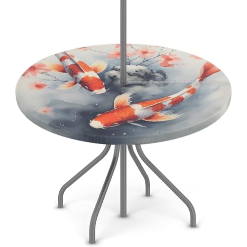 Entemne Outdoor-Tischdecke mit Schirmloch, chinesische Kunstmalerei, runde Tischdecke mit elastischem Rand, 91,4–111,8 cm, wasserdicht, mit Reißverschluss, Terrassentischabdeckung für Picknick von Entemne