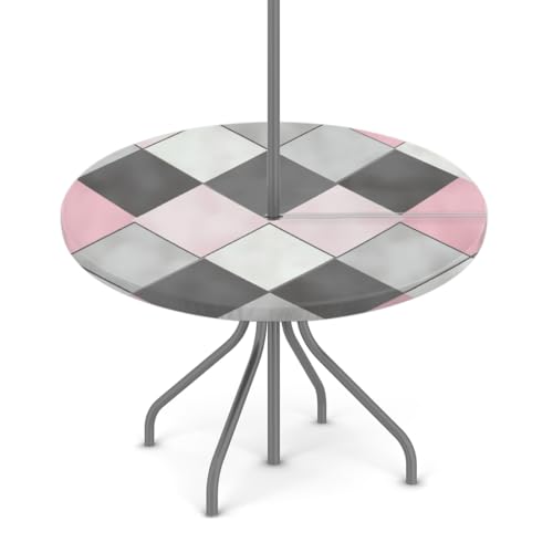 Entemne Outdoor-Tischdecke mit Schirmloch, grau-rosa Karomuster, runde Tischdecke mit elastischem Rand, 91,4–111,8 cm, wasserdicht, mit Reißverschluss, Terrassentischabdeckung für Picknick von Entemne