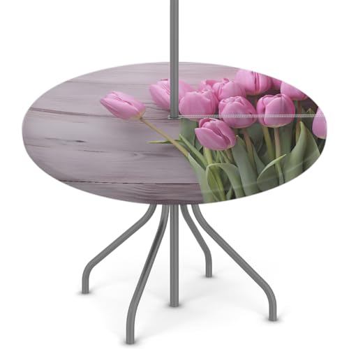 Entemne Outdoor-Tischdecke mit Schirmloch, lila Tulpen, Holzmaserung, runde Tischdecke mit elastischem Rand, 91,4–111,8 cm, wasserdicht, mit Reißverschluss, Terrassentischabdeckung für Picknick von Entemne