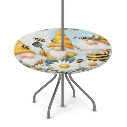 Entemne Outdoor-Tischdecke mit Schirmloch, niedliche Bienenzwerge, Frühlings-Gänseblümchen, runde Tischdecke mit elastischem Rand, 91,4–111,8 cm, wasserdicht, mit Reißverschluss von Entemne