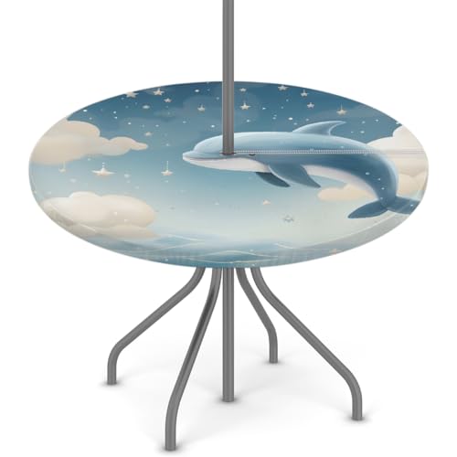Entemne Outdoor-Tischdecke mit Schirmloch, niedlicher Delfin-Himmel-Stern, runde Tischdecke mit elastischem Rand, 91,4–111,8 cm, wasserdicht, mit Reißverschluss, Terrassentischabdeckung für Picknick von Entemne