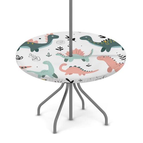 Entemne Outdoor-Tischdecke mit Schirmloch, niedliches Dinosaurier-Cartoon-Muster, runde Tischdecke mit elastischem Rand, 91,4–111,8 cm, wasserdicht, mit Reißverschluss, Terrassentischabdeckung für von Entemne
