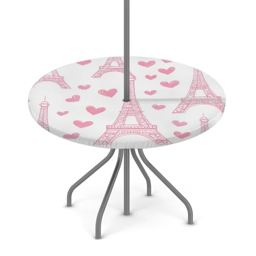 Entemne Outdoor-Tischdecke mit Schirmloch, rosa Herzen, Eiffelturm, runde Tischdecke mit elastischem Rand, 91,4–111,8 cm, wasserdicht, mit Reißverschluss, Terrassentischabdeckung für Picknick von Entemne
