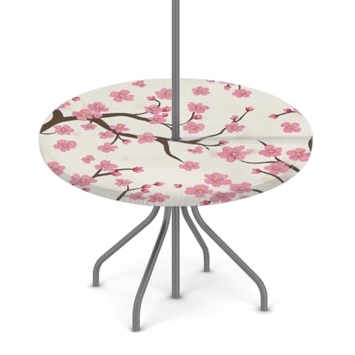 Entemne Outdoor-Tischdecke mit Schirmloch, rosa Kirschblüten, Blumen, runde Tischdecke mit elastischem Rand, 91,4–111,8 cm, wasserdicht, mit Reißverschluss, Terrassentischabdeckung für Picknick von Entemne