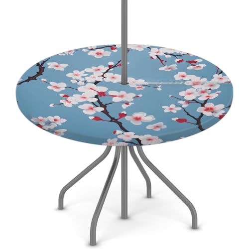 Entemne Outdoor-Tischdecke mit Schirmloch, rosa Kirschblume, runde Tischdecke mit elastischem Rand, 91,4–111,8 cm, wasserdicht, mit Reißverschluss, Terrassentischabdeckung für Picknick von Entemne