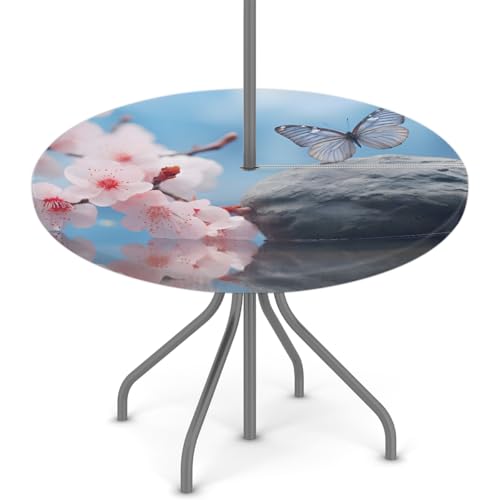 Entemne Outdoor-Tischdecke mit Schirmloch, runde Tischdecke mit elastischem Rand, 91,4–111,8 cm, wasserdicht, mit Reißverschluss, Terrassentischabdeckung für Picknick, Party-Dekoration von Entemne