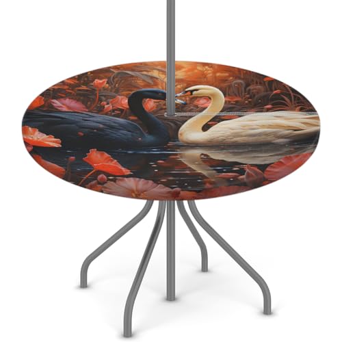 Entemne Outdoor-Tischdecke mit Schirmloch, weiß-schwarzes Schwan-Blumenmuster, runde Tischdecke mit elastischem Rand, 91,4–111,8 cm, wasserdicht, mit Reißverschluss, Terrassentischabdeckung für Entemne Outdoor-Tischdecke mit Schirmloch, weiß-schwarzes Schwan-Blumenmuster, runde Tischdecke mit elastischem Rand, 91,4–111,8 cm, wasserdicht, mit Reißverschluss, Terrassentischabdeckung für von Entemne
