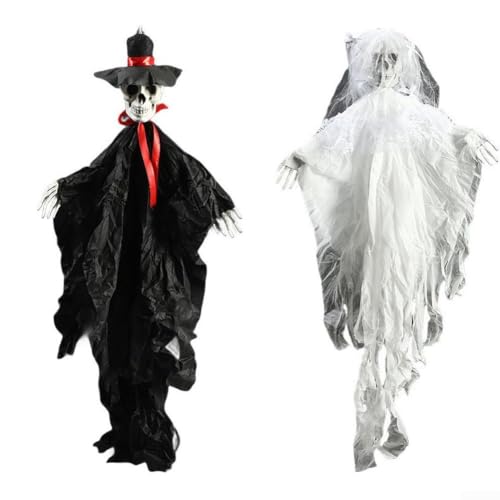 2er Set Halloween Hängende Spectter Dekorationen für Innentür und Decke, aus stabilem PVC mit Totenkopf-Design für gruselige Effekte (Der Bräutigam + Brücke) von Entgoinggo