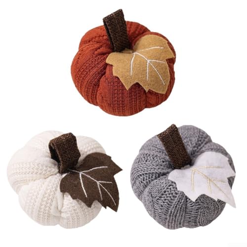 3er Set Stoff Herbst Kürbis Dekorationen für den Innenbereich, geeignet für Halloween und Thanksgiving Saisonales Home Styling (Orange) von Entgoinggo