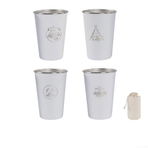 500 ml 4-teiliges Edelstahl-Campingbecher-Set mit Aufbewahrungstasche, 304 Metallbecher für Outdoor-Wandern und Reisen (500 ml weiß) von Entgoinggo