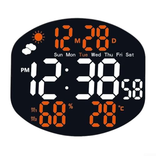 Elektronische Uhr mit Wetterinfo, Dual-Alarms, Temperatur- und Feuchtigkeitsanzeige, LED mit Fernbedienung, 12/24-Stunden-Format (Weiß Orange) von Entgoinggo