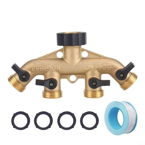Entgoinggo 4-Wege-Wasserhahnanschluss aus massivem Messing, 4-Wege-Schlauchverteiler aus massivem Messing mit Metallgriff, mehrere Schlauchverbinder für Wasserverteilung (Messing) von Entgoinggo
