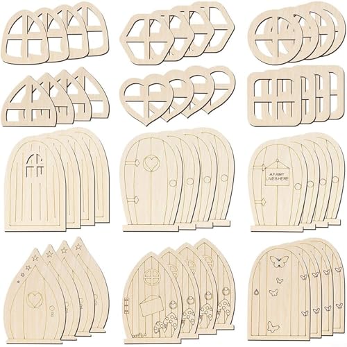 Entgoinggo 48 Stück leere Mini-Türen und Fenster aus Holz im Wunderland für den Außenbereich zu Hause (subtile Stile) von Entgoinggo