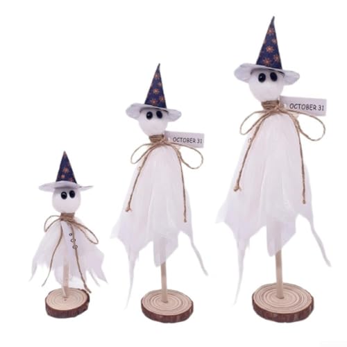 Entgoinggo Halloween-Deko-Set aus Holz, 3-teilig, Ornamente mit Hüten für den Tisch, Kaminsims, gestuftes Tablett, Display, Heimdekoration von Entgoinggo