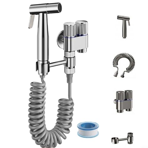 Entgoinggo Hand-Bidet-Sprühgerät, Doppelfunktions-Düse, Badezimmer-Bidet-Düsen-Set mit Hochdruck-Spray, einstellbarer Wasserfluss (Silber B) von Entgoinggo