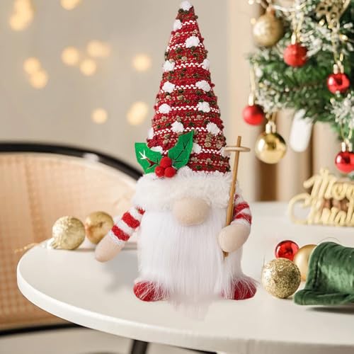 Entgoinggo Handgefertigte nordische Zwergen-Figuren, Ferienhaus, dekorative Plüschpuppe, Tischornament mit beleuchtetem Körper, Rot/Grün, Winter-Display, 16 x 28 cm (rot) von Entgoinggo