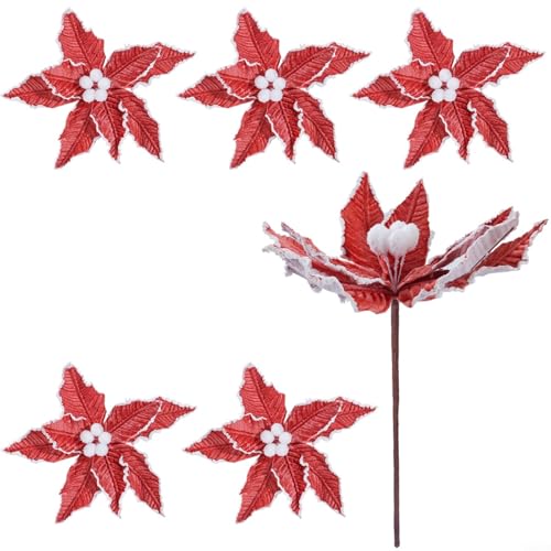 Entgoinggo Künstliche Weihnachtsblumen, festliche Blumendekorationen für Baum, florale Feiertags-Ornamente für Zuhause, saisonale dekorative Verzierungen (rot) von Entgoinggo