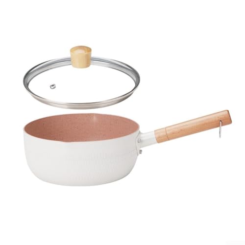 Entgoinggo Maifan Stone Antihaft-Milch- und Suppentopf 18/20 cm mit Holzgriff, Aluminium-Saucepot mit Deckel für Küche Kochen und auslaufsicheres Ausgießen (weiß, 18 cm) von Entgoinggo