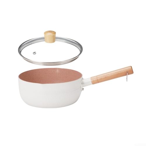 Entgoinggo Maifan Stone Antihaft-Milch- und Suppentopf 18/20 cm mit Holzgriff, Aluminium-Saucepot mit Deckel für Küche Kochen und auslaufsicheres Ausgießen (weiß, 20 cm) von Entgoinggo