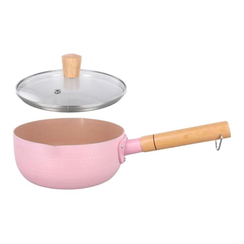 Entgoinggo Maifan Stone Antihaft- Milch- und Suppentopf 18/20 cm mit Holzgriff Aluminium Saucepot mit Deckel für Küche Kochen und verschüttungsfreies Ausgießen (Pink 18 cm) von Entgoinggo