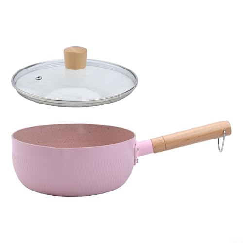 Entgoinggo Maifan Stone Antihaft- Milch- und Suppentopf 18/20 cm mit Holzgriff Aluminium Saucepot mit Deckel für Küche Kochen und verschüttungsfreies Ausgießen (Pink 20 cm) von Entgoinggo