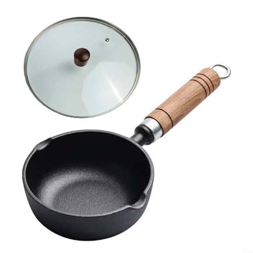 Entgoinggo Tiefer Gusseisen-Mini-Pfanne für heiße Milch und Spiegeleier, kleiner Topf für schnelle Reinigung (13 x 5 cm + Glasabdeckung) von Entgoinggo