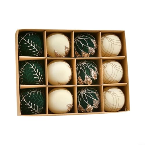 Entgoinggo Weihnachtsbaumschmuck, 12 Stück, Samt-Weihnachtsdekoration, dekorative Kugeln, 8,9 cm, beflockte Kugeln mit weicher Textur für den Urlaub (grün und weiß) von Entgoinggo