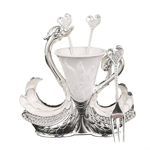 Geschirr-Set mit Schwanensockel, 6 Löffel und 6 Gabeln für Kaffee, Obst und Dessert-Präsentationen (silberfarbene Gabel) von Entgoinggo
