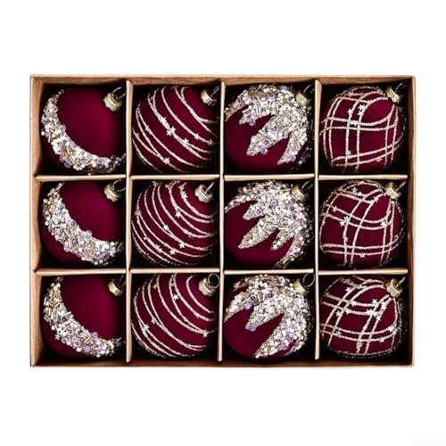 Weihnachtskugel-Ornament-Set, 12-teilig, mit Samtstruktur und Diamant-Pailletten-Design für Baumdekoration, Kränze und Veranstaltungen im Innen- und Außenbereich (Weinrot) von Entgoinggo