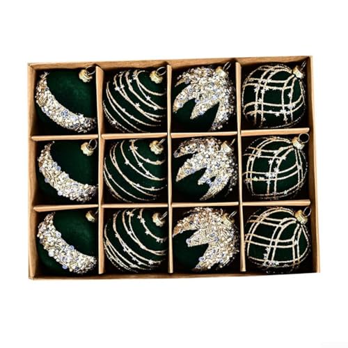 Weihnachtskugel-Ornament-Set, 12-teilig, mit Samtstruktur und Diamant-Pailletten-Design für Baumdekoration, Kränze und Veranstaltungen im Innen- und Außenbereich (grün) von Entgoinggo