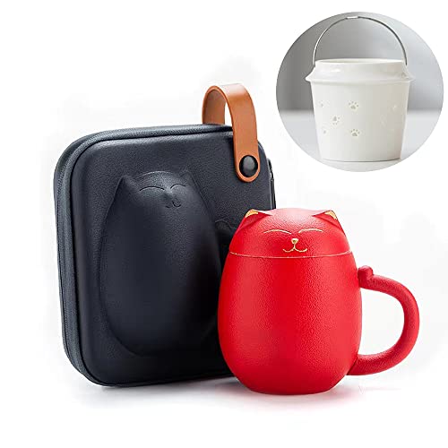 Katzenbecher mit Teesieb und Deckel, Niedliche Teetassen Kawaii-Tasse aus Keramik zum Ziehen, Handgefertigte Porzellan-Teetasse Teekanne für Zuhause, Büro, Tragbare Bruchsichere Hülle 350 ml (Rot) von Entonic