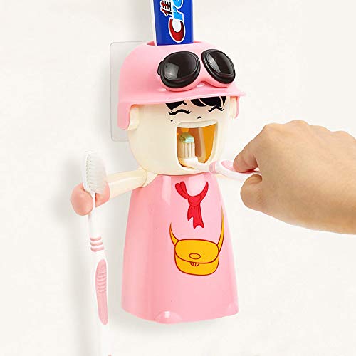 Kinderzahnbürstenhalter mit Tasse, Nette Hände geben Zahnpastaspender frei Kinder automatischer Karikatur-Zahnpasta-Squeezer-Kasten, Wand-Bad-Kit Leicht zu reinigen (Rosa) von Rain House