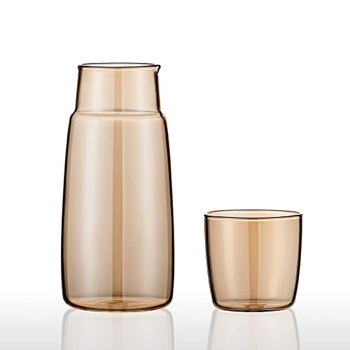 Nachttisch-Wasserkaraffe Glas-Set, 750ml Krug und Becher aus Verdicktem Glas, Wasserkrug mit Glasbecher für Schlafzimmer Badezimmer, Stilvolle Servierkaraffe Mundspülflasche Dekanter (Bernstein) von Entonic