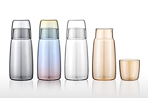 Nachttisch-Wasserkaraffe Glas-Set, 750ml Krug und Becher aus Verdicktem Glas, Wasserkrug mit Glasbecher für Schlafzimmer Badezimmer, Stilvolle Servierkaraffe Mundspülflasche Dekanter (Grau) von Entonic