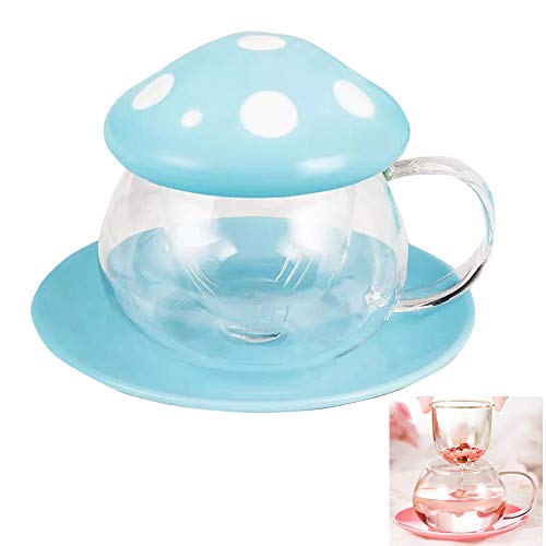 Rain House Niedliche Teetasse aus Glas in Pilzform, Set mit Teeei und Löffel, 290 ml, transparente Teekanne mit Keramikdeckel und Untersetzer, hitzebeständig für Zuhause und Büro (Blau) von Entonic